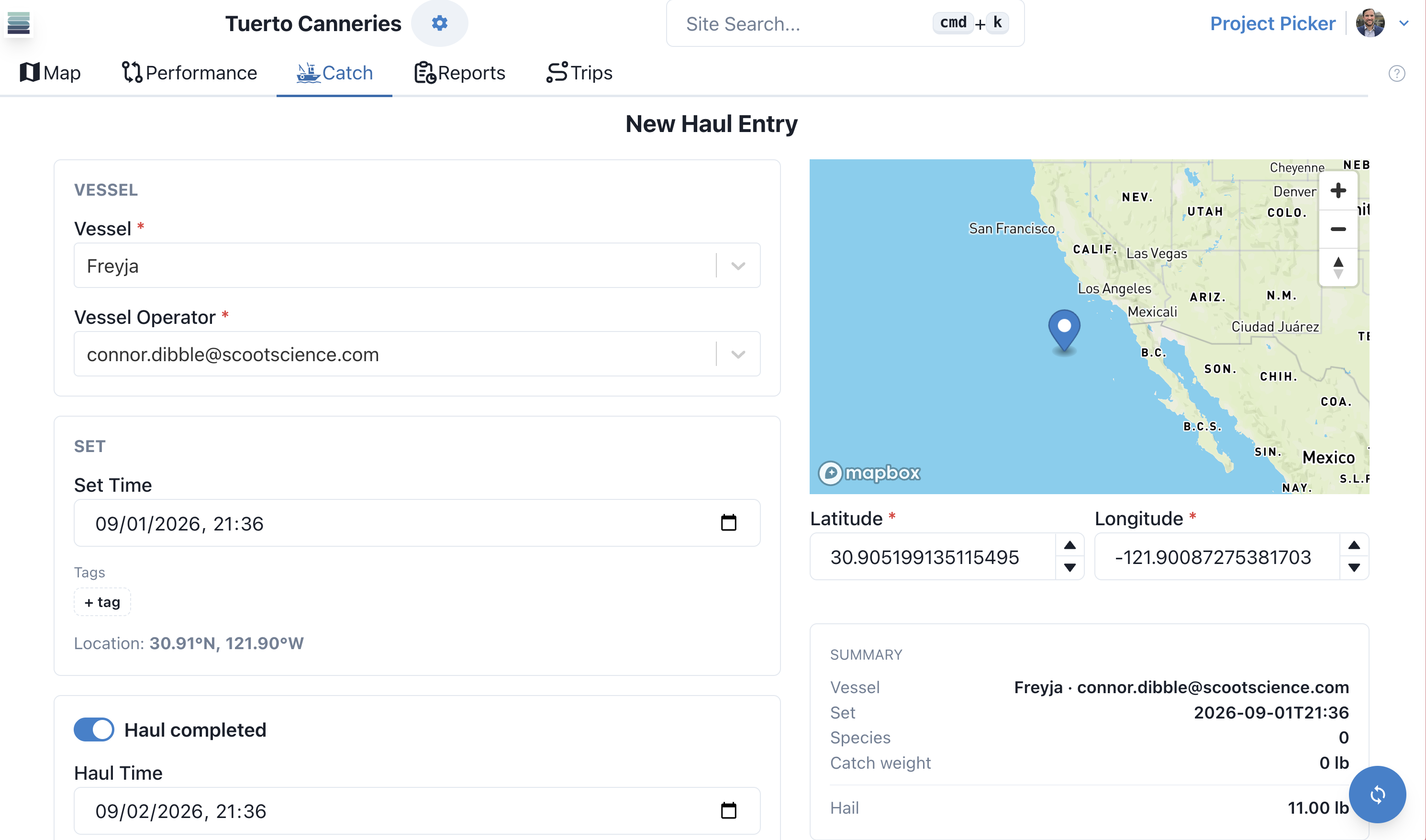 Screenshot placeholder: a logged set with catch and conditions