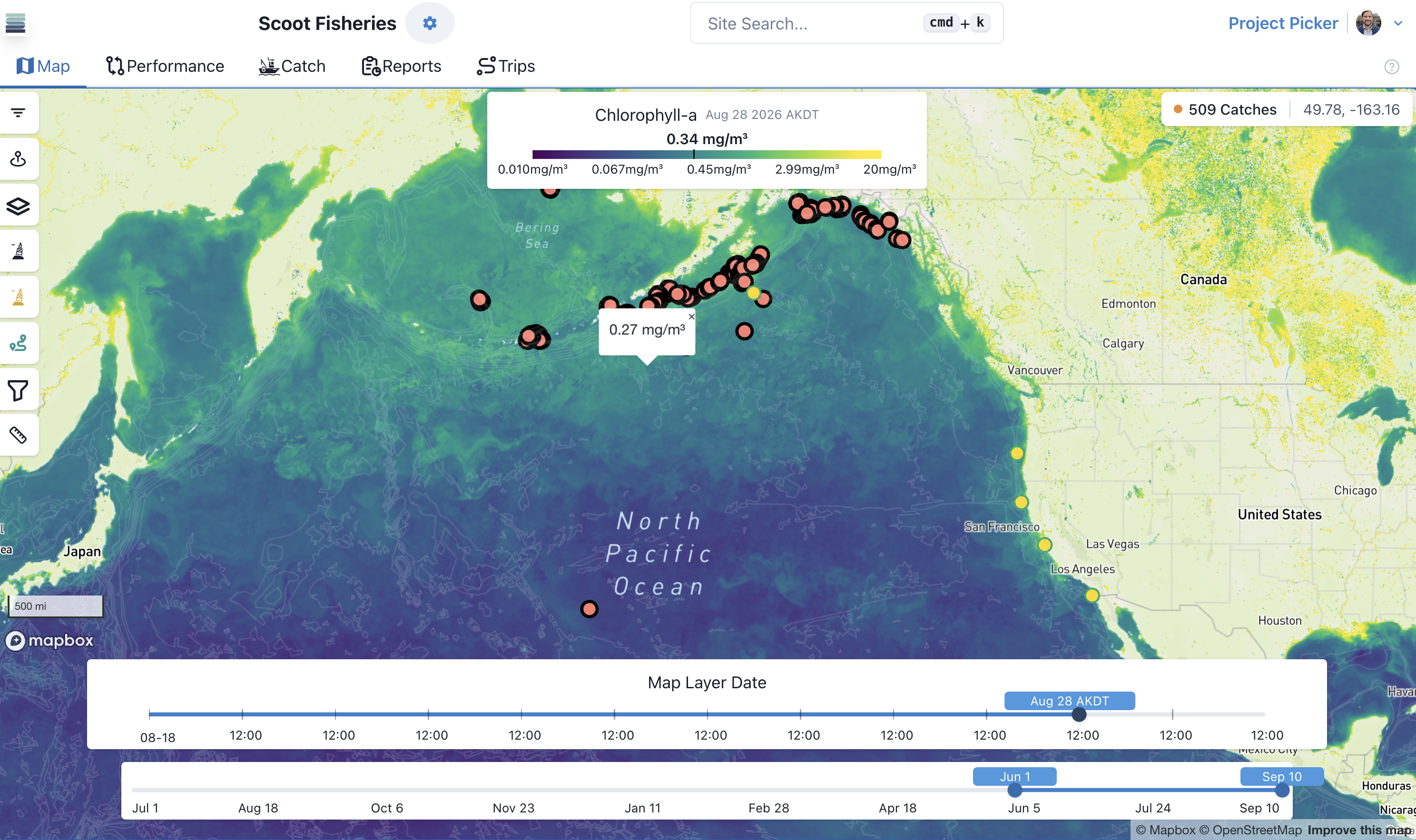 View satellite chlorophyll data as a map layer