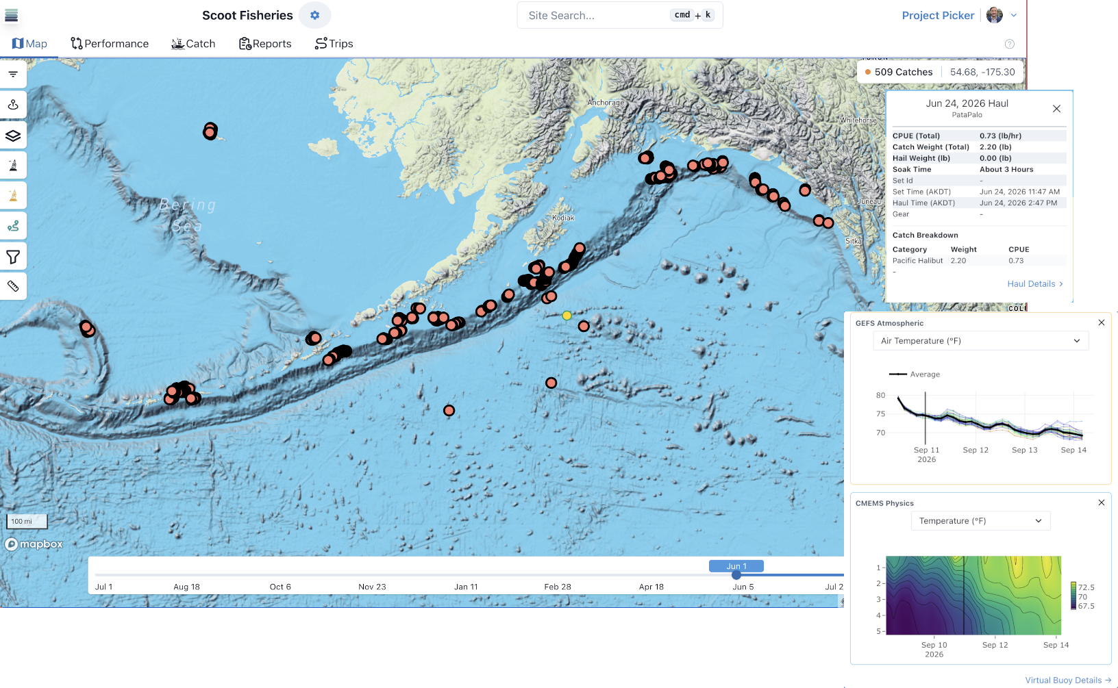 SeaFarer interface showing map, haul details, and environmental data
