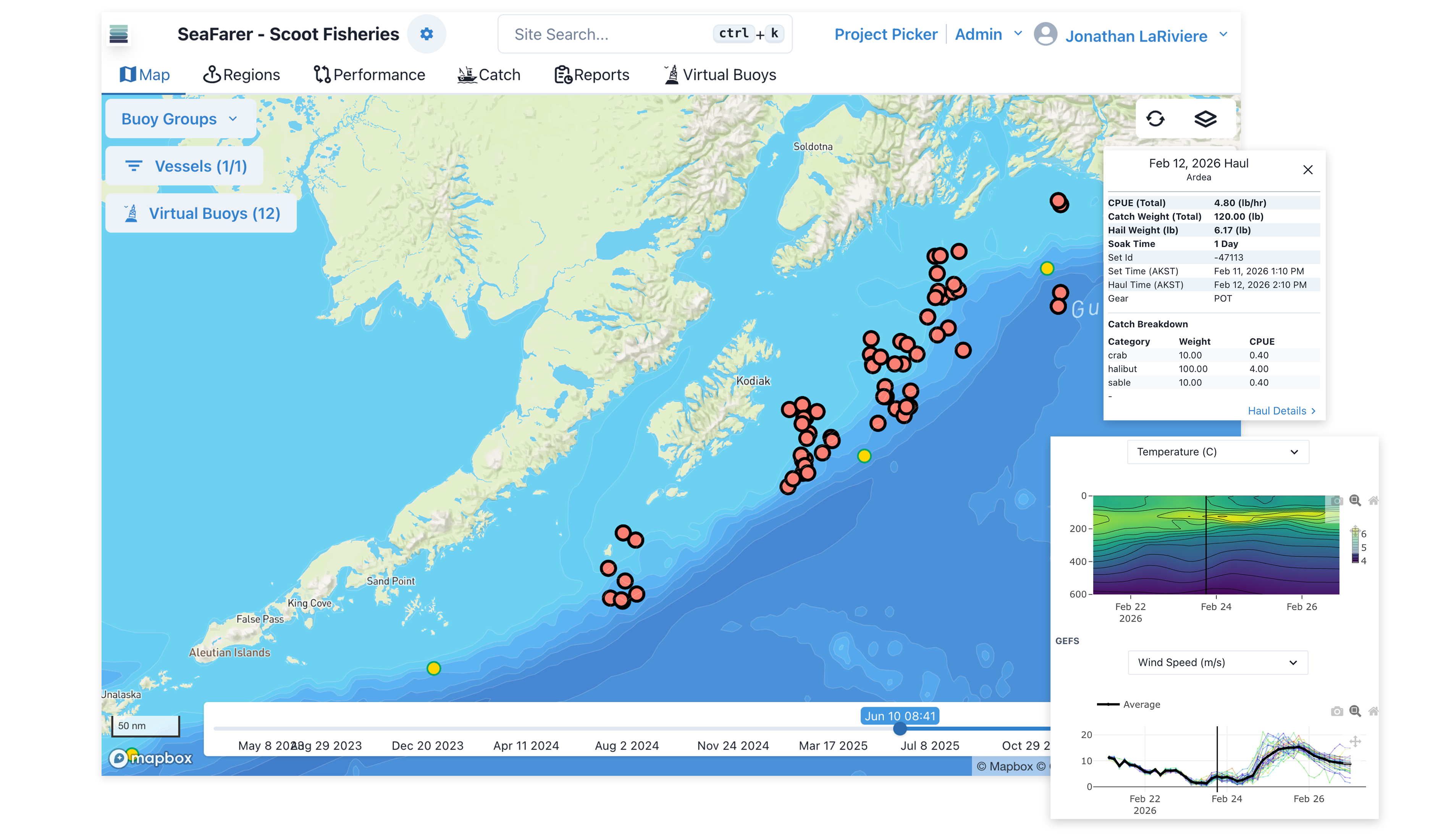 SeaFarer interface showing map, haul details, and environmental data